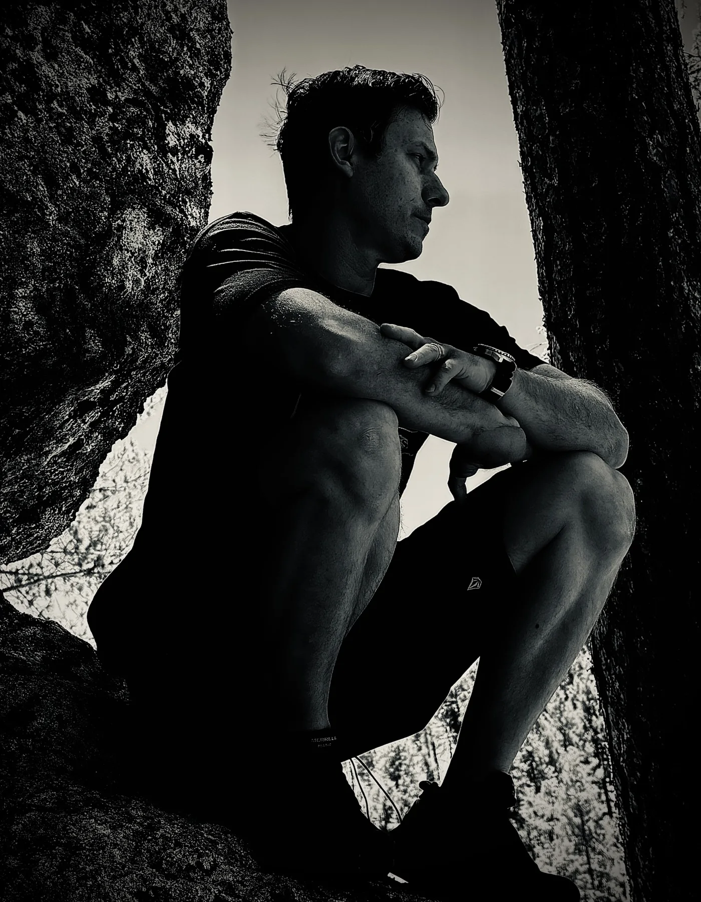 Black and white Atrocity Scapegoat portrait between trees